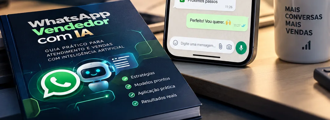 Capa do guia WhatsApp Vendedor com IA ao lado de um celular com uma conversa de atendimento